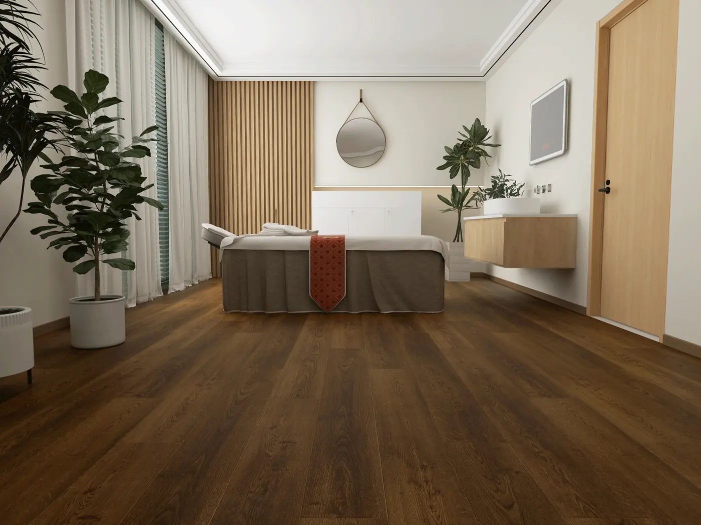 WHISPER WOODS Bordeaux Wine luxury vinyl plank in a finished room