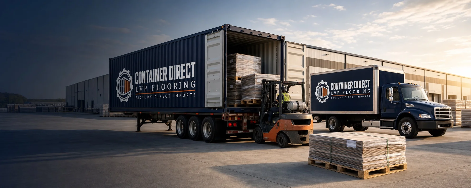 A pallet of flooring being unloaded