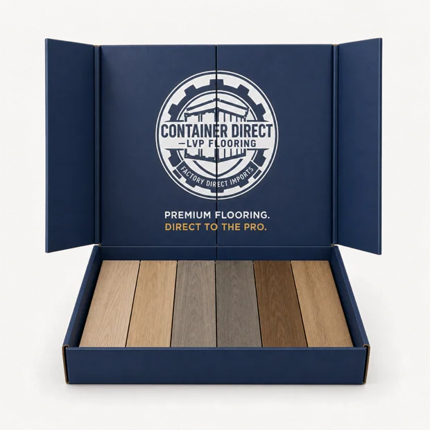 Container Direct LVP sample box, open to show six wood-look plank samples